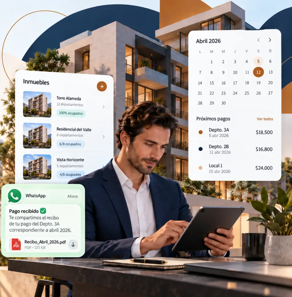 Administrador revisando en su tableta sus inmuebles, los próximos pagos y el aviso de pago recibido por WhatsApp con su recibo
