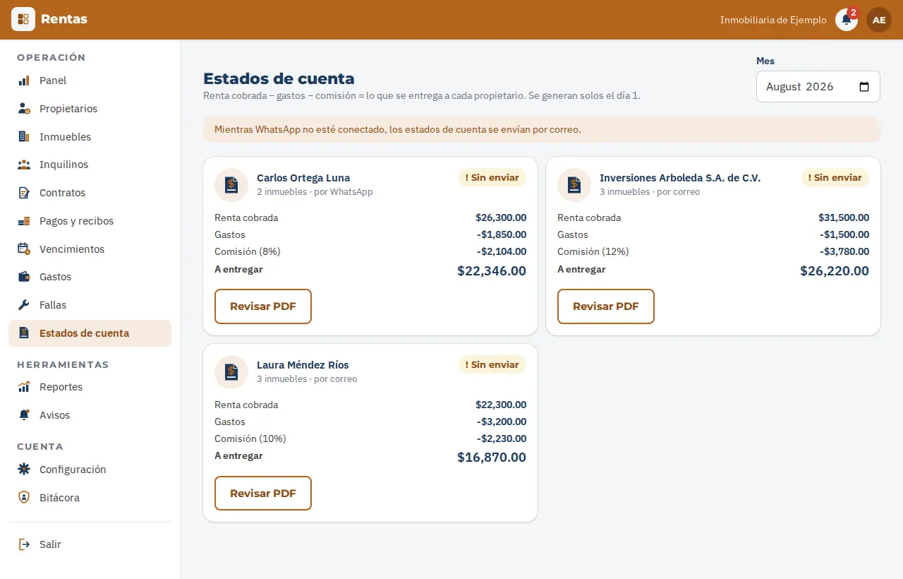 Estados de cuenta del mes por propietario: cobrado, gastos, comisión y lo que se entrega