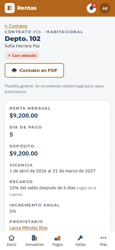 Contrato con sus cargos, pagos y recibos
