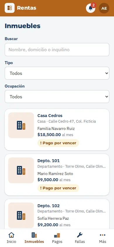 Lista de inmuebles con su renta, inquilino y estado